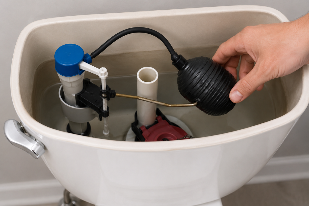 Hand checking a stuck float ball inside an open residential toilet tank during toilet refill troubleshooting