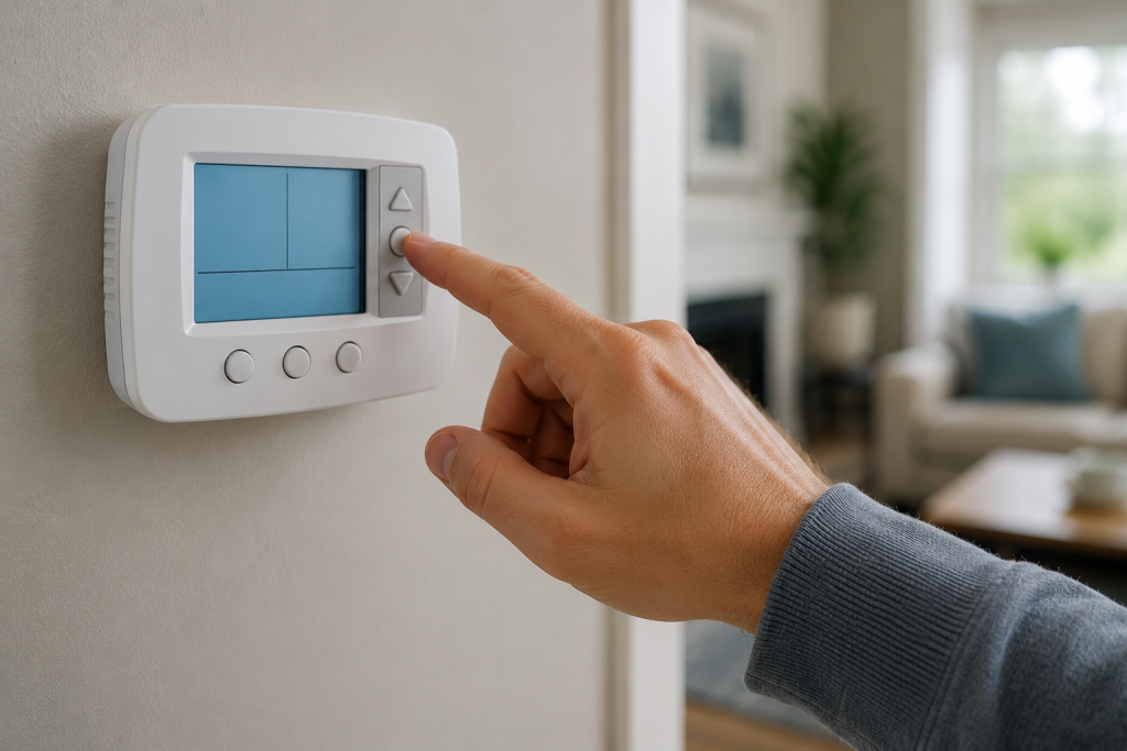 Homeowner adjusting a digital thermostat fan setting from ON to AUTO to stop a furnace blower from running constantly inside a residential home