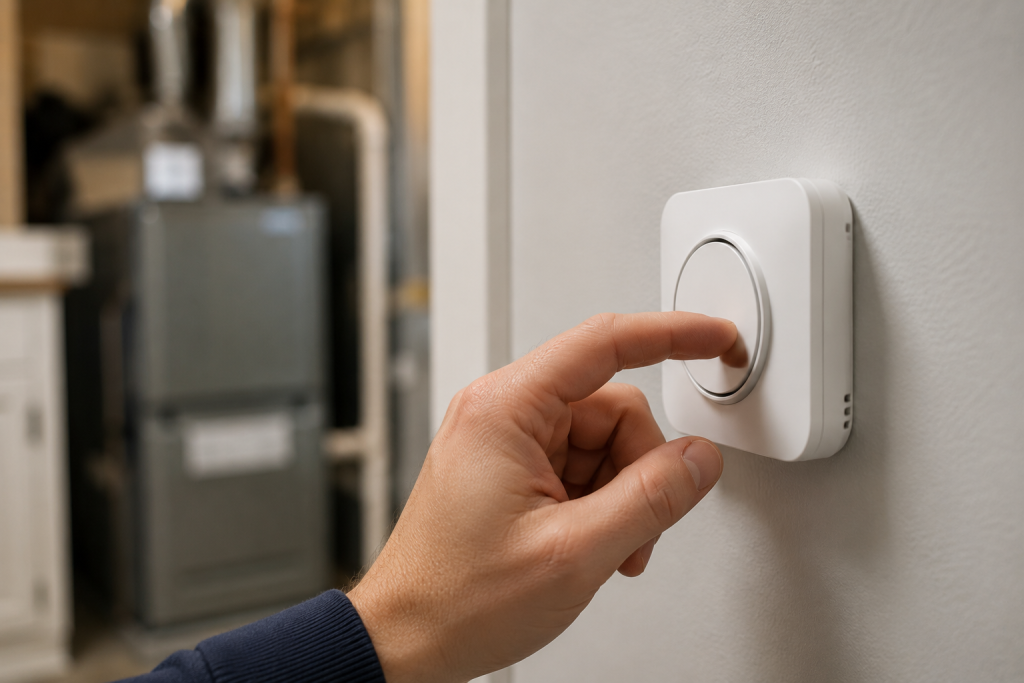 Hand adjusting a home thermostat while troubleshooting a furnace that is not igniting in a residential HVAC system