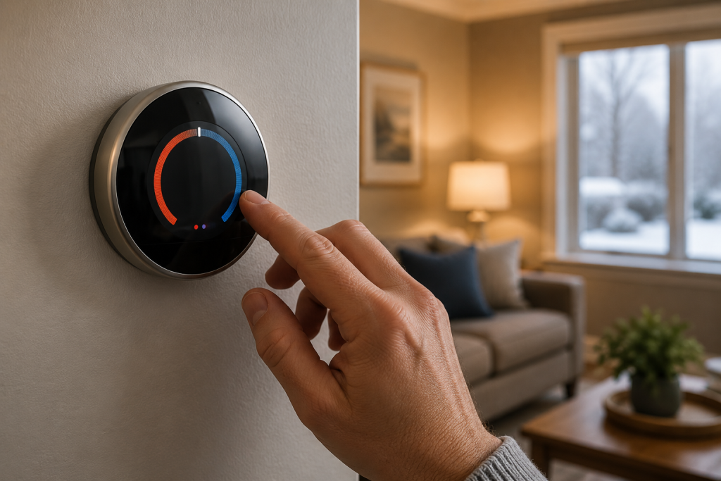 Adjusting a smart thermostat settings for home furnace heating system troubleshooting