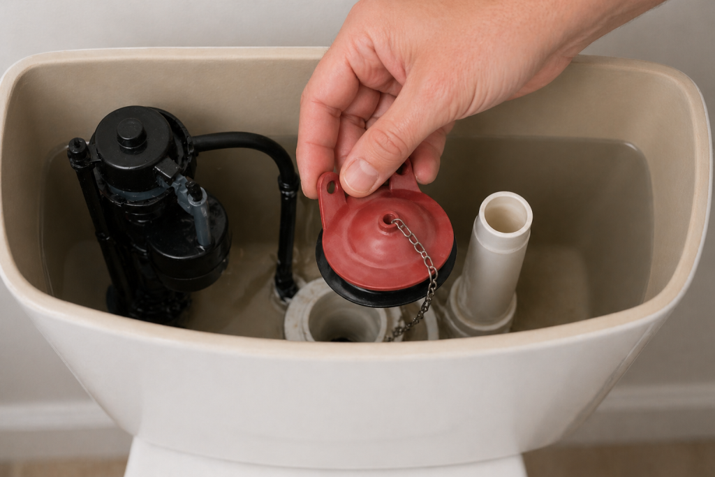 inspect toilet flapper for running toilet fix inside tank