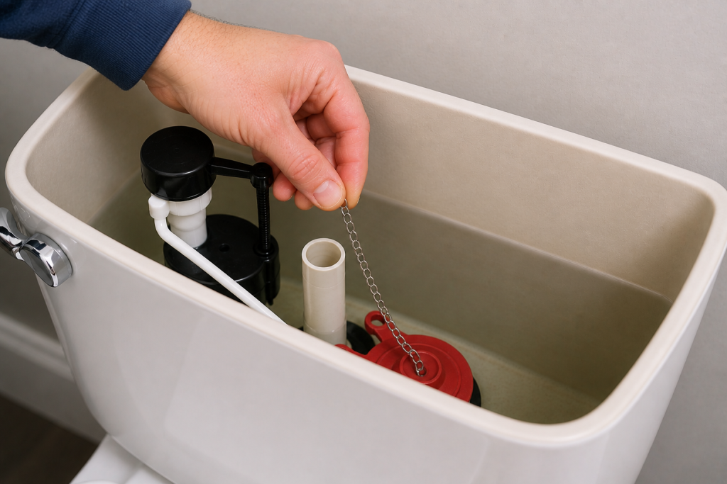 Checking and adjusting toilet lift chain inside tank to improve flushing performance