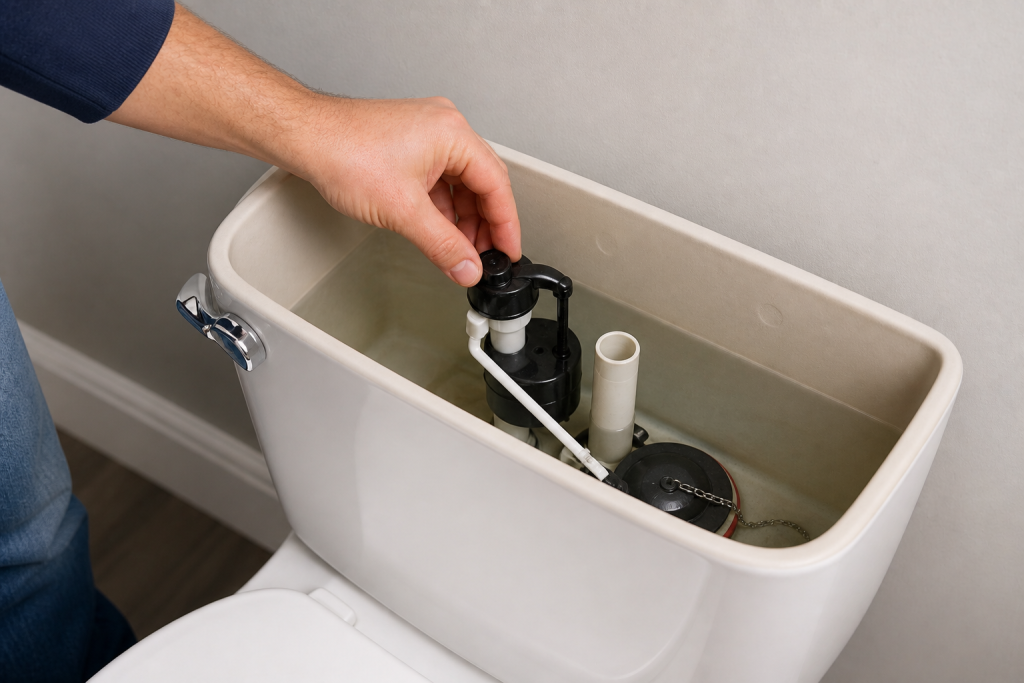 Inspecting inside toilet tank components to diagnose a toilet that won’t flush