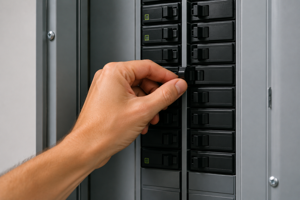 Hand resetting a tripped circuit breaker inside a home electrical panel.
