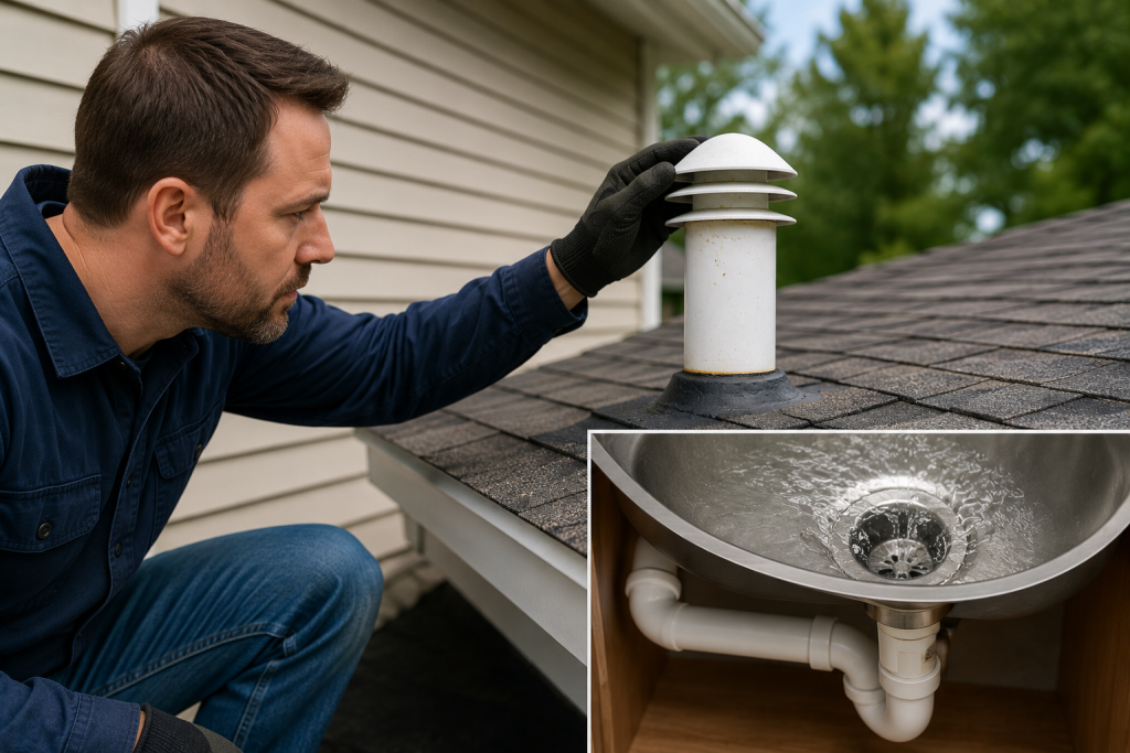 Plumber inspecting under-sink drain pipes and plumbing vent connections while diagnosing a slow draining sink problem.
