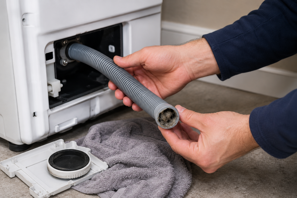 Person inspecting and cleaning a washing machine drain hose behind the washer to remove a clog and restore drainage