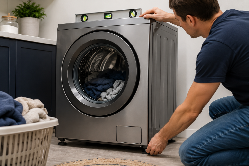Homeowner using a bubble level on top of a front-load washing machine to check for uneven leveling and reduce vibration problems indoors