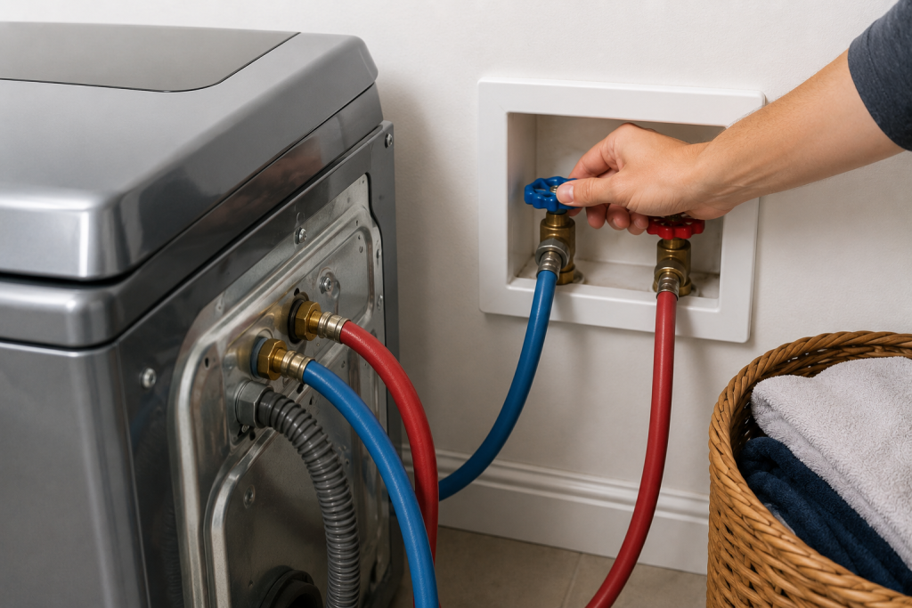 Hand turning washing machine water supply valves behind a Maytag washer while inspecting hot and cold water hoses in a laundry room