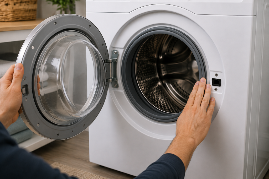 Hands inspecting the alignment of a Whirlpool front-load washer door and rubber gasket during F5E2 error troubleshooting