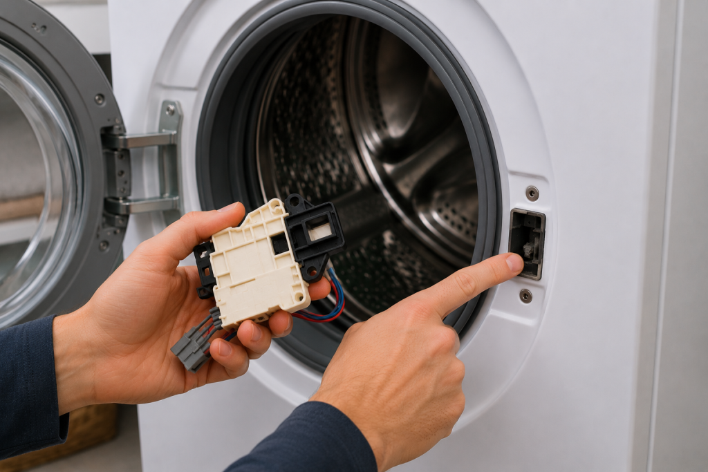 Hands inspecting a Whirlpool washer door lock assembly component during F5E2 error repair troubleshooting