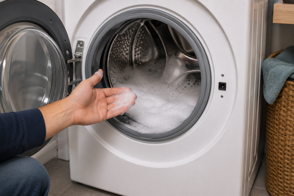 Person checking excessive soap suds inside a front-loading washing machine drum while troubleshooting a Whirlpool washer F9 E1 drain error.