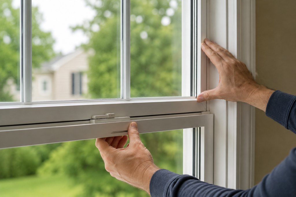 Homeowner inspecting uneven gaps around a vinyl window sash to diagnose window alignment and window won't lock problems