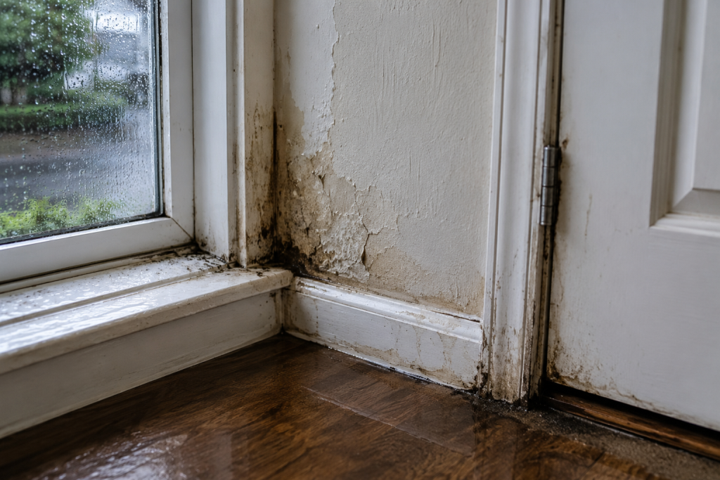 Rainwater damage around a window and door frame with peeling paint, damp trim, and mold growth causing musty odors inside the house