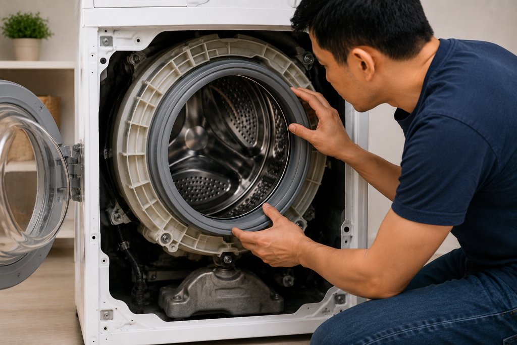 Homeowner inspecting the inner drum and bearing area of an LG front load washing machine for signs of worn bearings, drum wobble, or mechanical damage causing a persistent UE error during the spin cycle