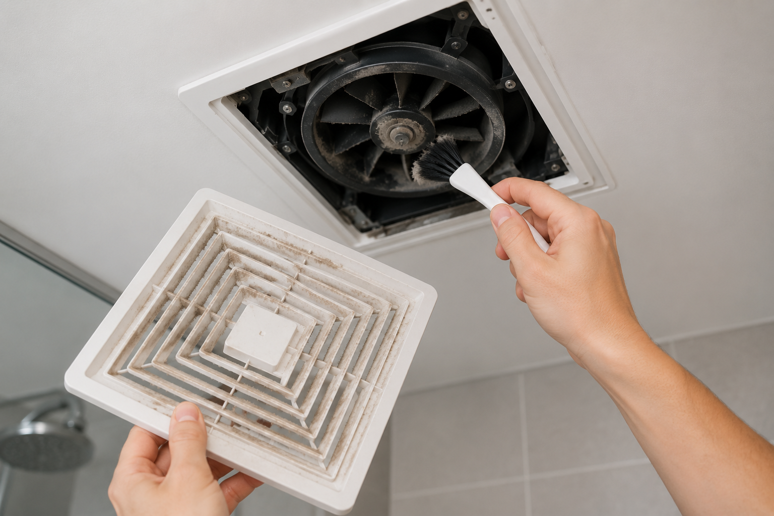Cleaning dust from a bathroom exhaust fan cover and fan blades during bathroom ventilation maintenance