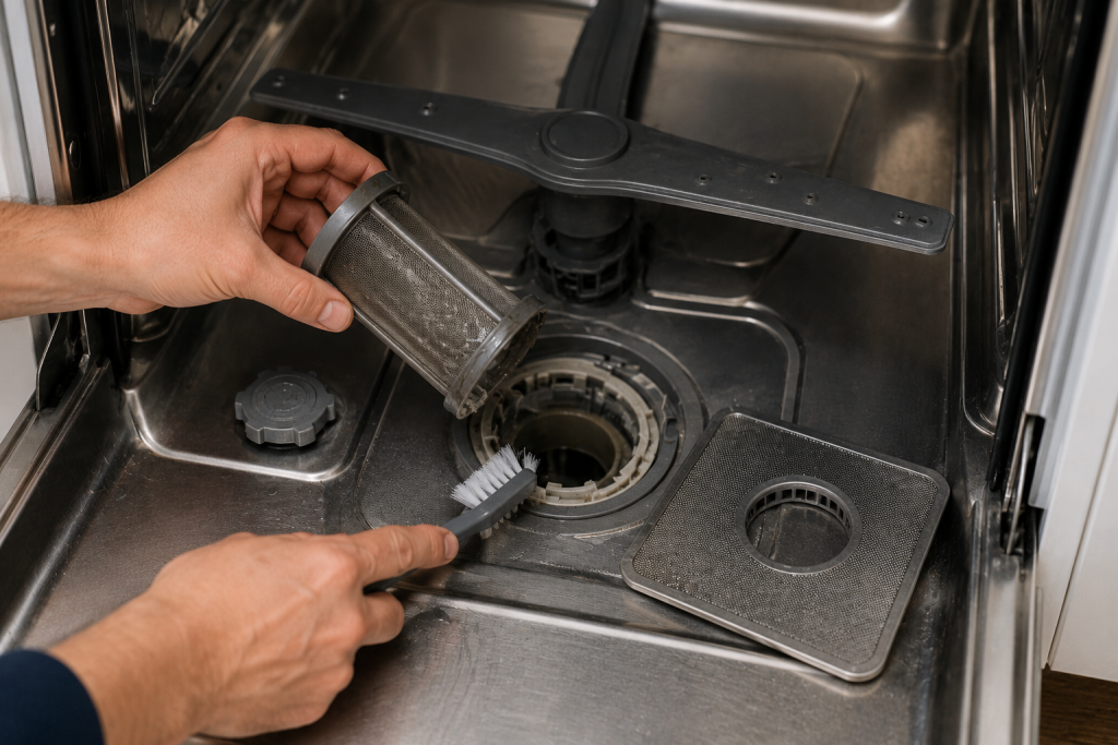 Person removing and cleaning the filter and drain area inside a Bosch dishwasher to fix an E15 error code