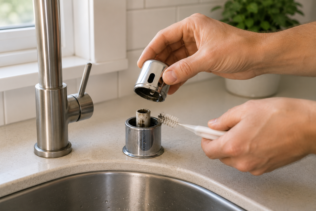 Removing and cleaning a dishwasher air gap near a kitchen sink faucet to clear drainage blockages and improve water flow