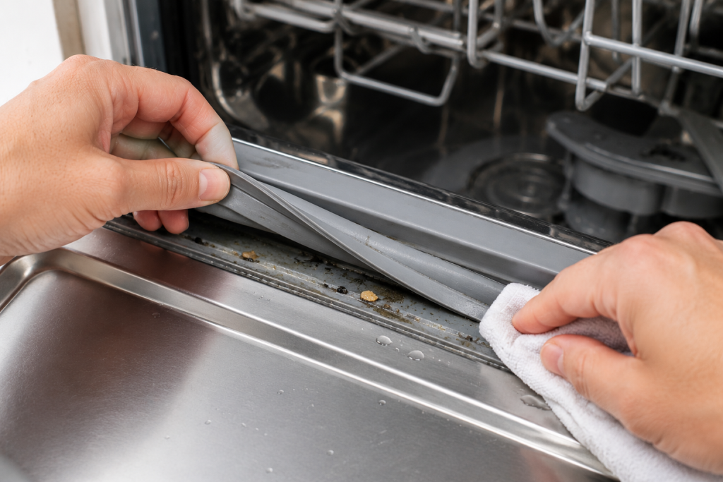 Hands cleaning the rubber door gasket seal inside a dishwasher to remove trapped food debris and mildew buildup