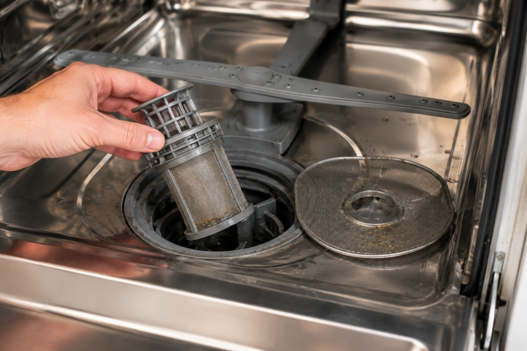 Hand removing a dirty dishwasher filter from the bottom of a stainless steel dishwasher for cleaning and maintenance for the issue of dishwasher smells bad
