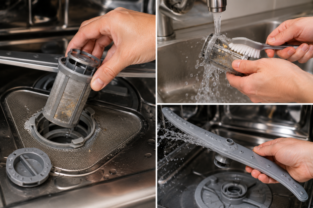 Hands removing and cleaning a dishwasher filter and spray arms under running water inside a stainless steel dishwasher to improve cleaning performance