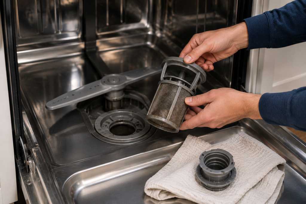 Removing and cleaning a dirty dishwasher filter inside a stainless steel dishwasher to improve drainage performance
