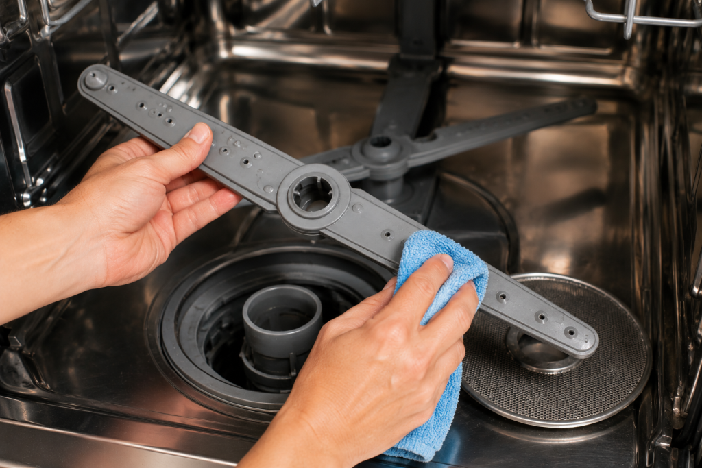 Hands cleaning dishwasher spray arms inside a stainless steel dishwasher to remove buildup and clogged spray holes