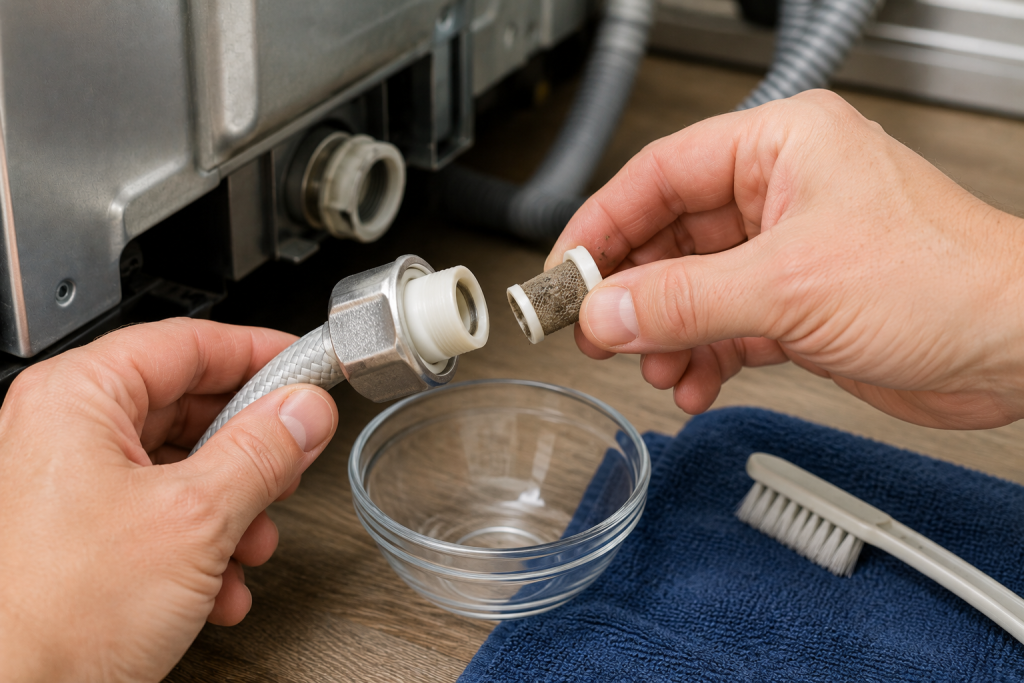 Cleaning a dishwasher water inlet screen filter during GE dishwasher H2O error troubleshooting repair process