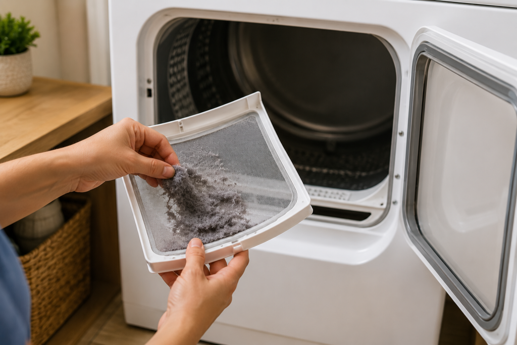 Homeowner removing lint buildup from dryer lint filter in laundry room to improve dryer airflow and drying performance