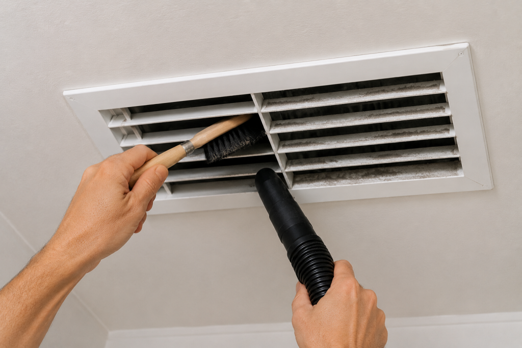 Homeowner cleaning dust and debris from a residential HVAC air vent using a microfiber cloth and vacuum attachment to improve airflow and reduce condensation