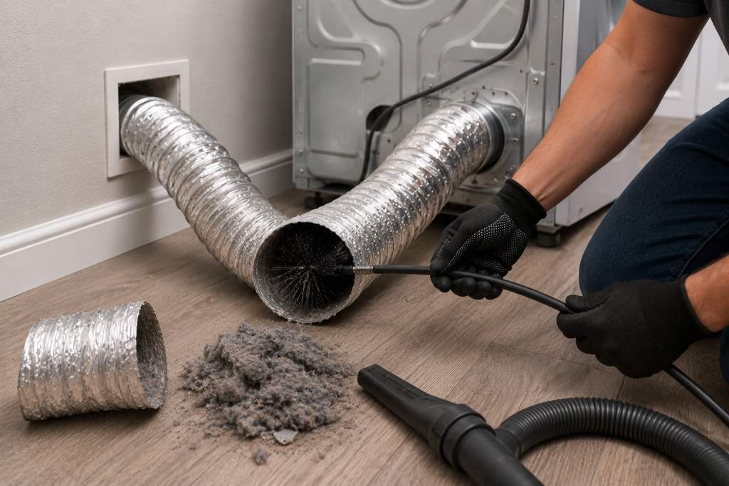 Homeowner using a dryer vent cleaning brush to remove lint buildup from the entire LG dryer vent system to fix a D80 airflow error code