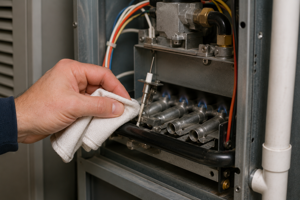 Cleaning a furnace flame sensor inside a residential HVAC heating system during furnace repair maintenance