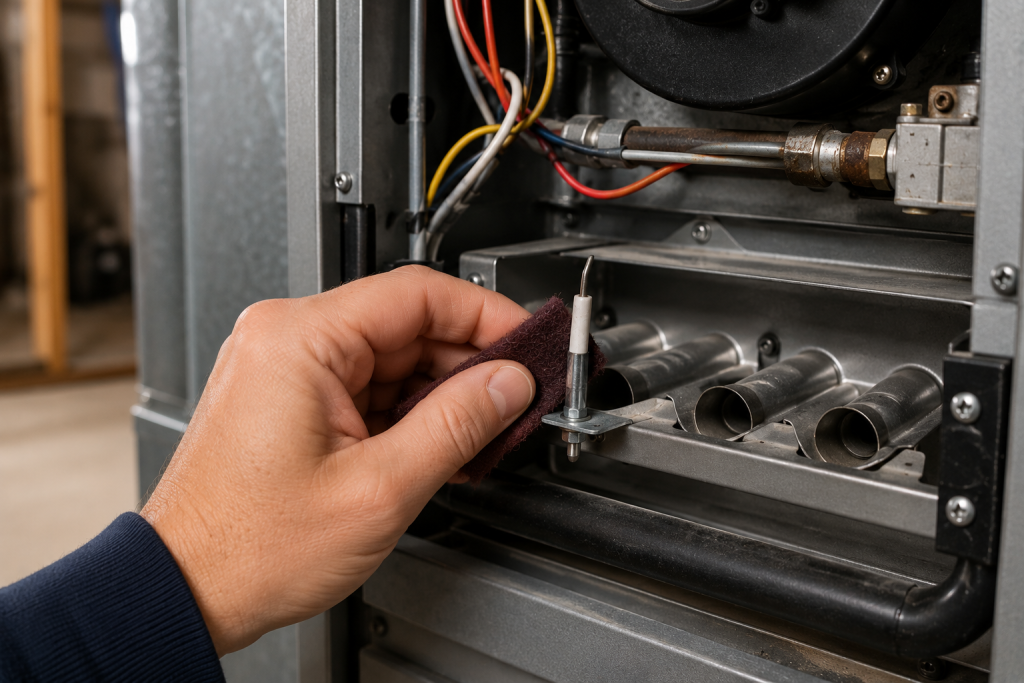 Hand cleaning a furnace flame sensor with an abrasive pad inside an open residential gas furnace burner compartment