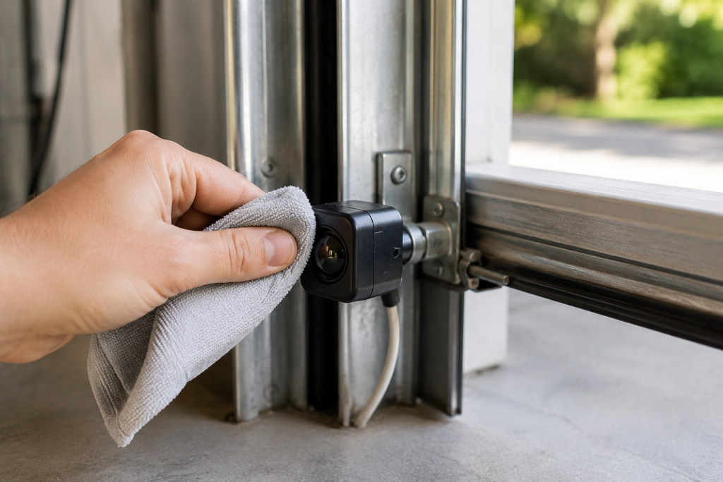 hand cleaning garage door safety sensor lens with microfiber cloth near garage track