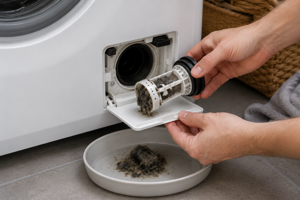 Person removing and cleaning a washing machine drain pump filter with water draining into a shallow pan during washer maintenance.