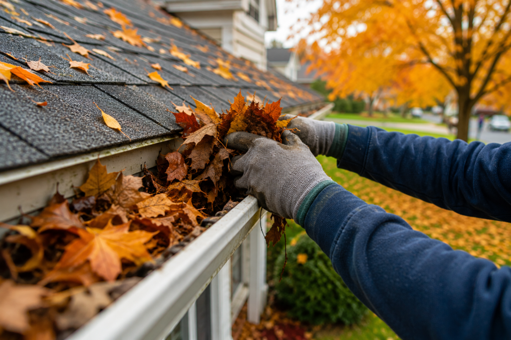 Cleaning leaves and debris from gutters and downspouts during fall home maintenance preparation for winter