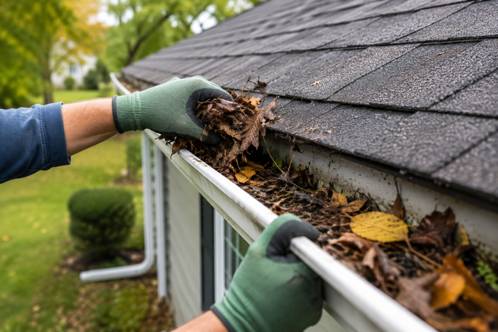 Cleaning leaves and debris from house gutters and downspouts during exterior home maintenance