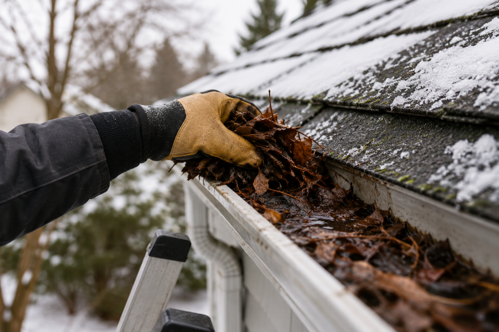 Homeowner cleaning leaves and debris from roof gutters and downspouts during winter home maintenance preparation