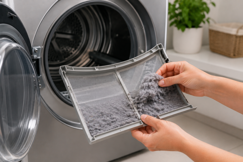 Homeowner removing lint buildup from an LG Dryer D80 Error Code Causes and Fixes