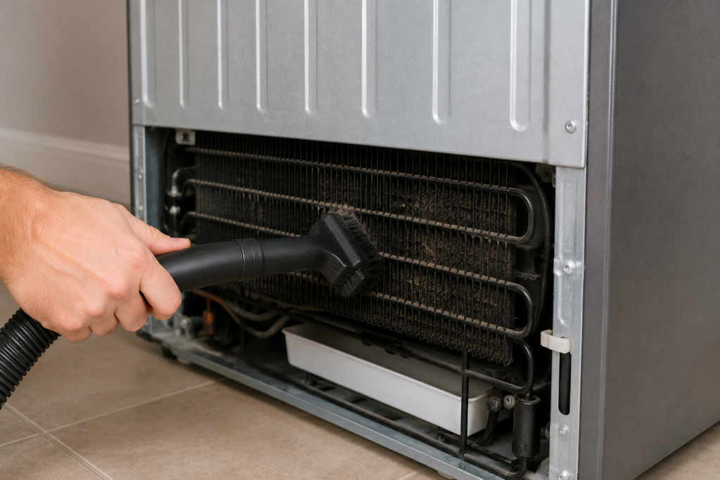 Vacuum cleaning dust from refrigerator condenser coils to improve cooling performance on an LG refrigerator not cooling but freezer works