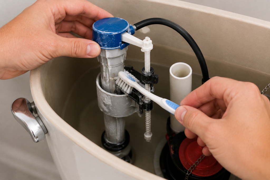 Hands cleaning mineral buildup from a toilet fill valve inside an open residential toilet tank not filling using a small brush during plumbing maintenance