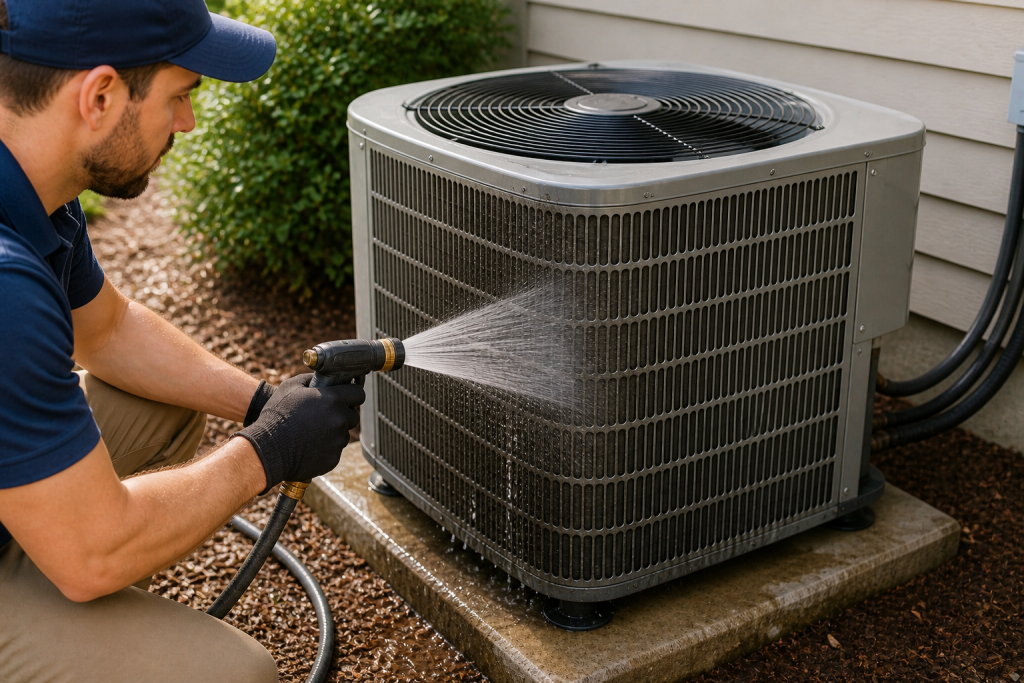 Cleaning outdoor AC condenser coils with water to improve cooling performance