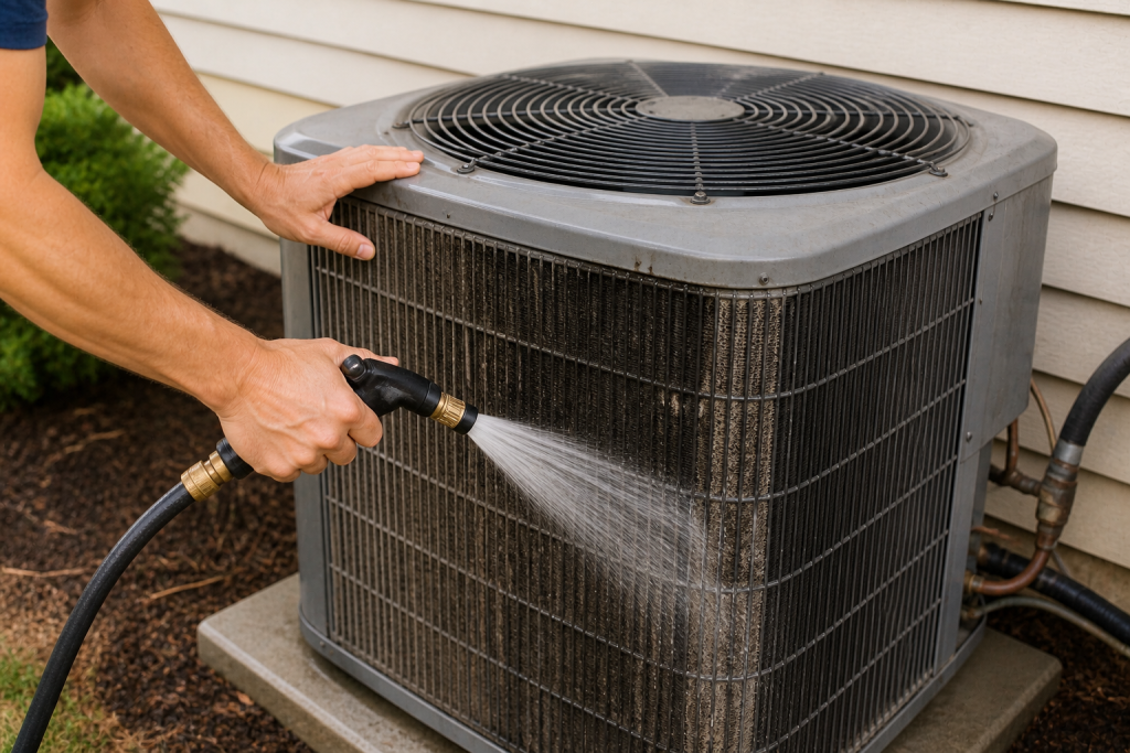 Cleaning outdoor AC condenser unit with a hose to improve cooling performance