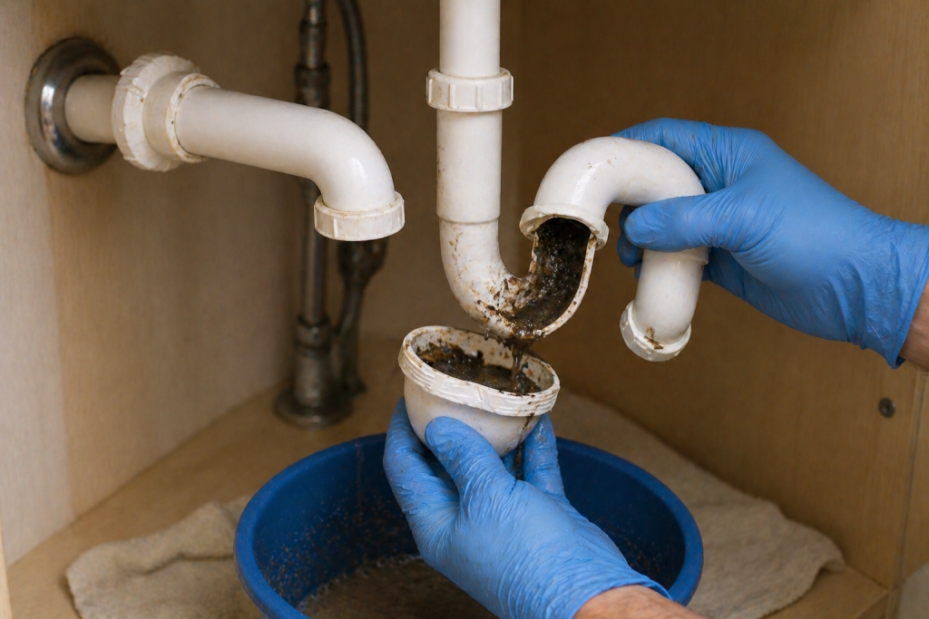 cleaning p-trap under sink to remove drain clog