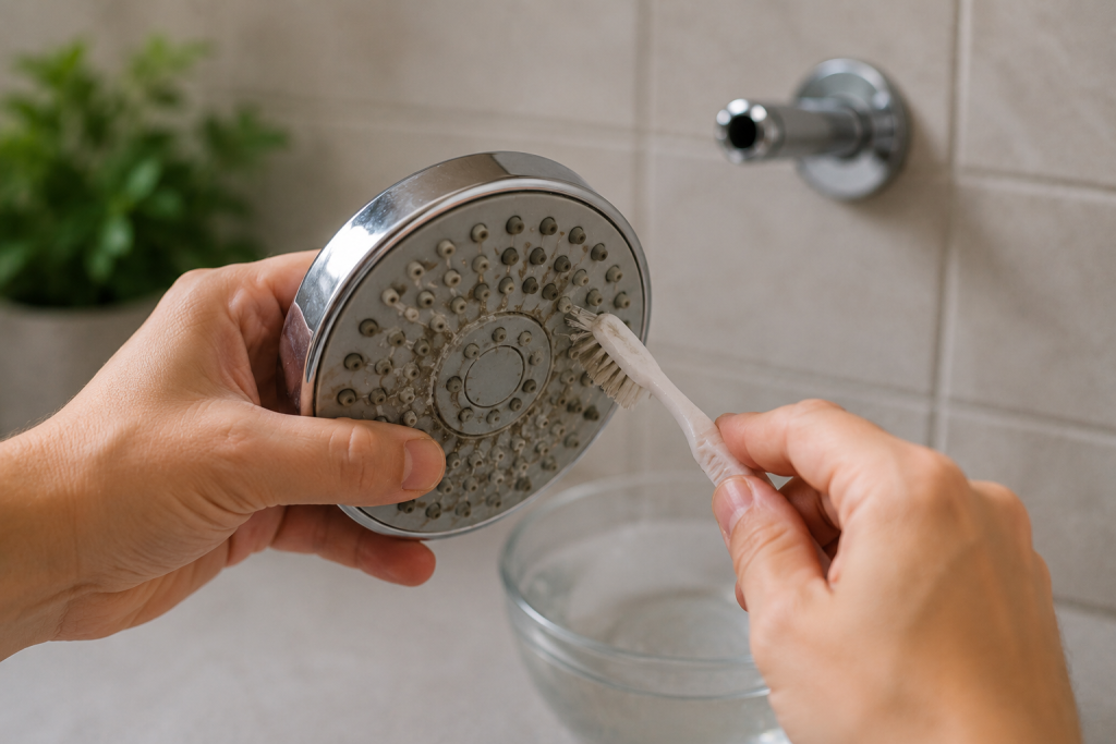 Hands cleaning mineral buildup from a showerhead to fix low water pressure in a bathroom shower