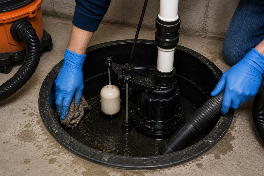 Homeowner cleaning debris and sludge from a basement sump pump pit using gloves and a wet dry vacuum during sump pump maintenance