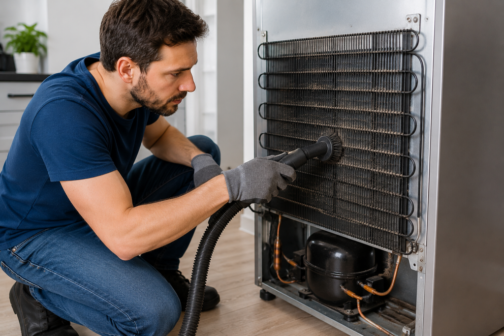Homeowner vacuuming dusty condenser coils on the back of a refrigerator during refrigerator maintenance and noise troubleshooting in a modern kitchen