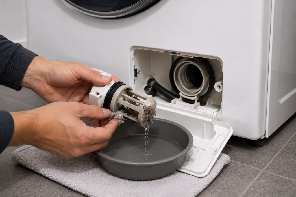 Person removing and cleaning the drain pump filter from a front-loading washing machine with towels and a shallow pan underneath to fix a Whirlpool washer F9 E1 error.