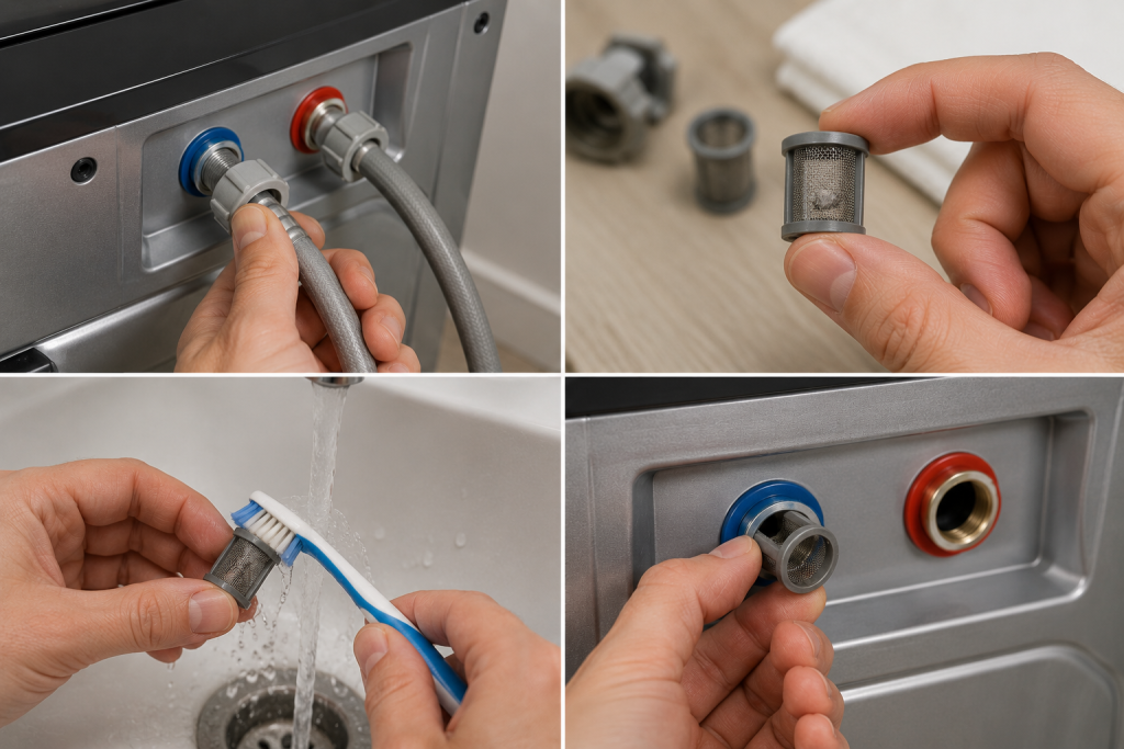 Person cleaning washing machine water inlet screens under running water after removing the supply hoses from the back of a Maytag washer