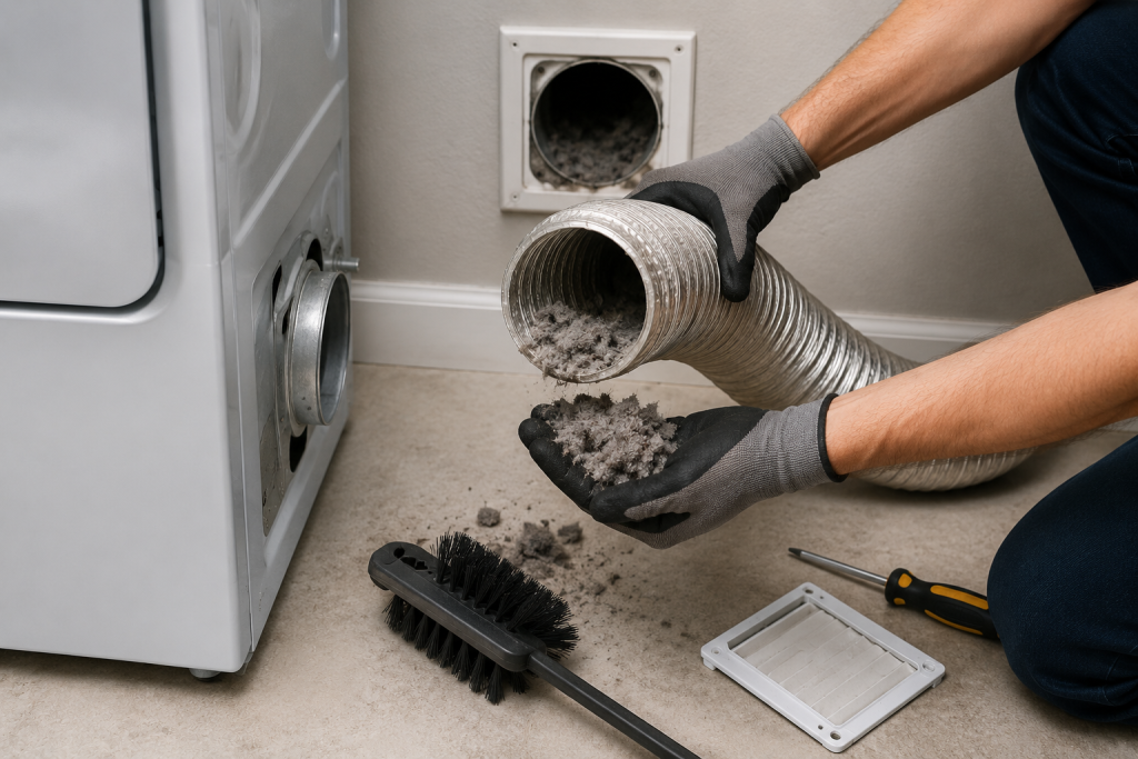 Homeowner cleaning lint from a Whirlpool dryer vent hose during dryer vent maintenance in a laundry room
