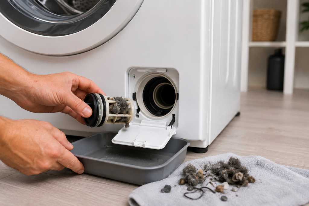 Cleaning debris from a Whirlpool washing machine drain pump filter during F9E1 long drain error troubleshooting